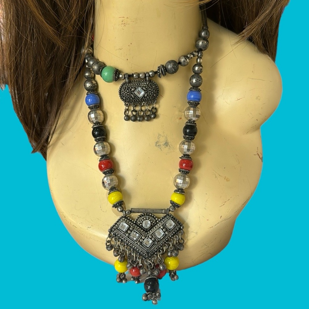 LONG BOHO DOUBLE PENDANTS ON BLACK YARN STATEMENT PIECE NECKLACE